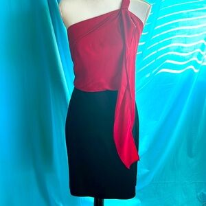 BCBG black/red silk/satin one shoulder dress  with scarf detail at front